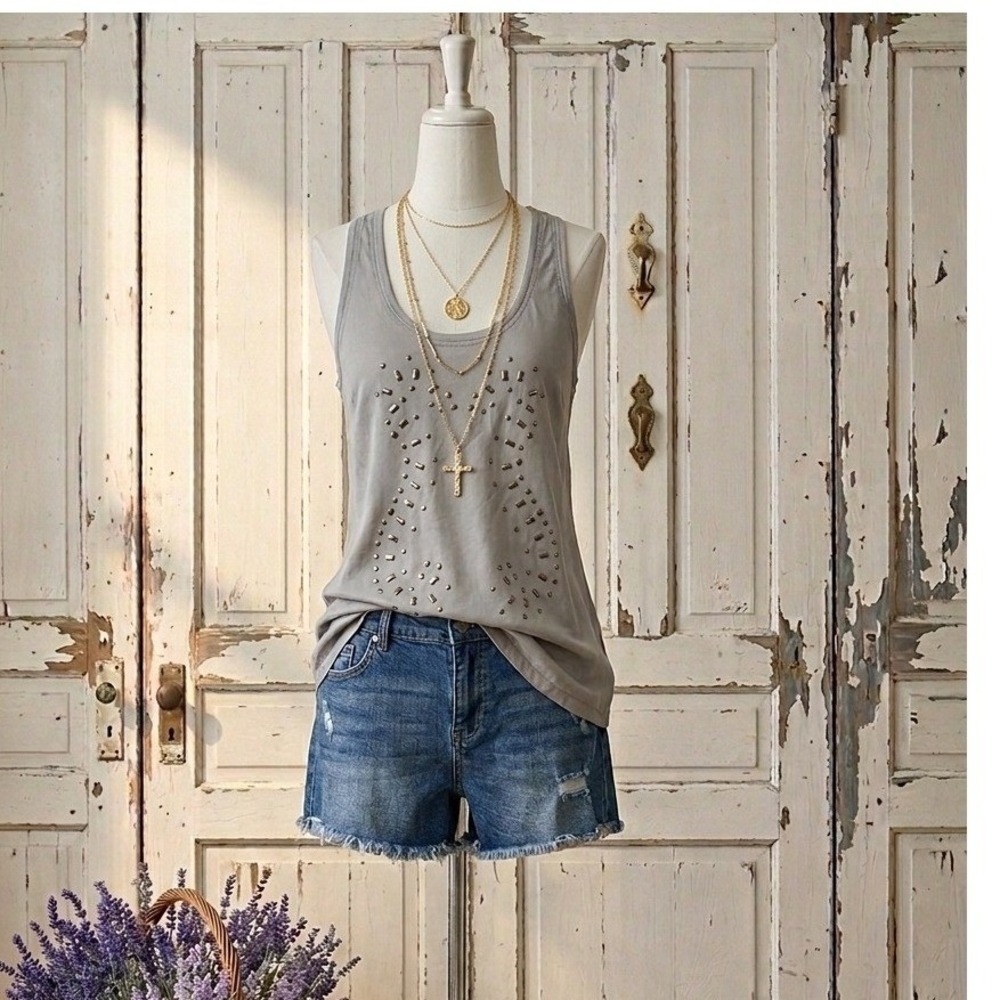 William Rast Large Grey‎ Studded Y2K Racerback Tank Top Edgy Sleeveless Studs